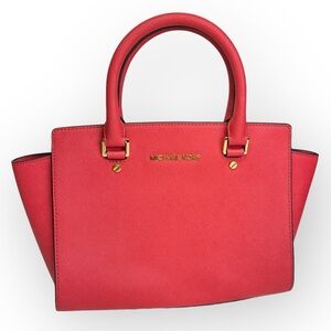 Michael Kors Women Selma Large Crossbody Top Zip Satchel Leather Bag Watermelon